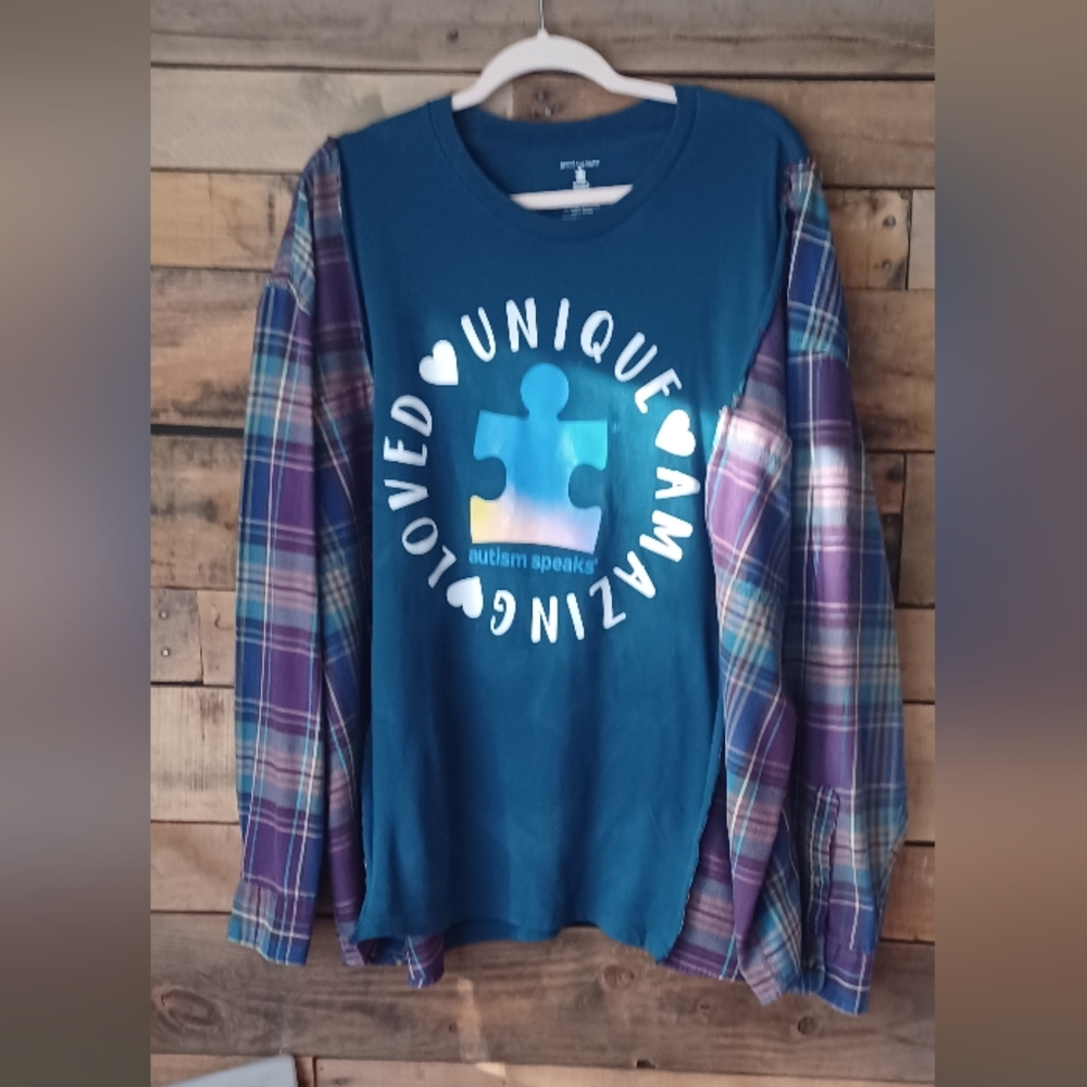 Autism Awarenessl Long-Sleeve Graphic Top with Plaid Sleeves